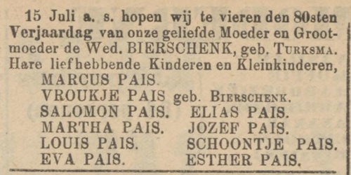 Advertentie in het NIW van 12 juli 1901 t.g.v. de 80ste verjaardag van de weduwe Bierschenk, geb. Turksma.  