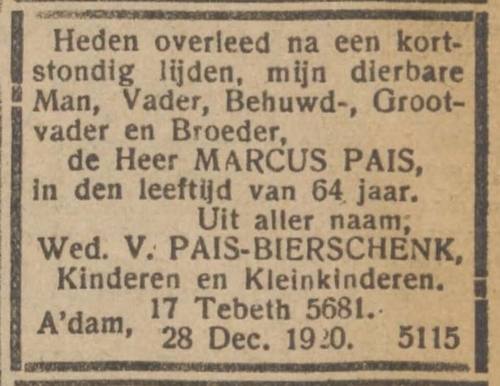 Overlijdensbericht van Marcus Pais, bron: het NIW van 31 december 1920  