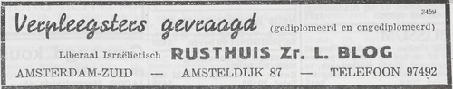 Advertentie van het Rusthuis van Zr. Blog, Amstelkade, bron: Het Joodsche weekblad: uitgave van den Joodschen Raad voor Amsterdam van 27 februari 1942  