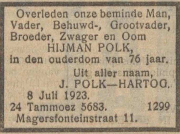 Overlijden van Hijman Polk, bron: het NIW van 13-07-1923  