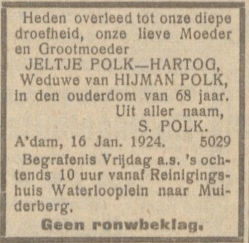 Overlijden van Jeltje Polk – Hartog; bron: het NIW van 18-01-1924  