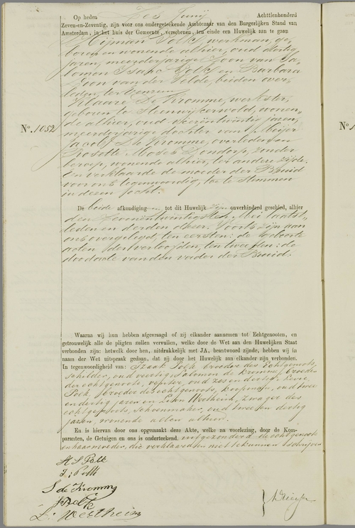 Huwelijksakte Hijman Polk en Klaare de Kromme in 1877, bron: WieWasWie  