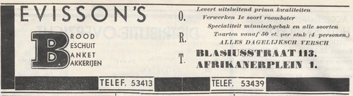 Advertentie voor de bakkerijen van Levisson, bron:  Het joodsche weekblad: uitgave van den Joodschen Raad voor Amsterdam van 15-08-1940  