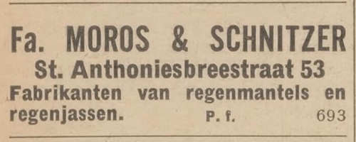Advertentie voor Moros & Schnitzer, bron: Centraal blad voor Israëlieten in Nederland van 03-09-1937  