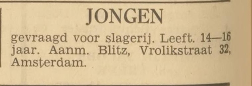 Advertentie van slagerij Blitz uit de Vrolikstraat, bron: Het Volk van 27-11-1936   