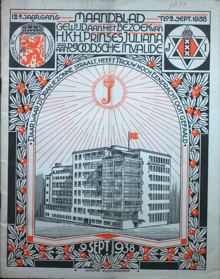 Voorblad van het Maandblad van De Joodsche Invalide met het nieuwe gebouw t.g.v. het bezoek van Prinses Juliana in sept. 1938, bron: IISG.  