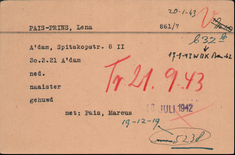 Kaart Joodse Raad van Lena Pais - Prins, bron: Arolsen Archives  