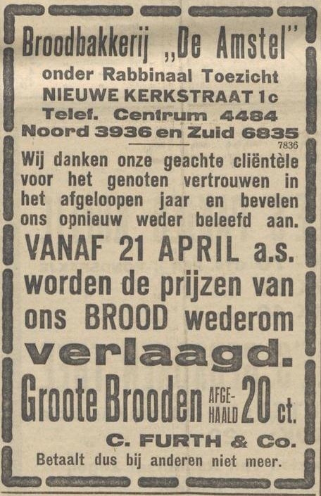 Advertentie voor Broodbakkerij ‘De Amstel’ / C. Furth en Co, bron: het NIW van 12 april 1922  