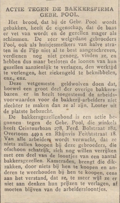 Artikel over de actie tegen bakker Pool, bron: De Tribune van 3 aprl 1923  