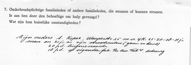 Fragment uit het dossier van Elias Kopee, de navraag bij de familie in 1932, bron: dossier Maatschappelijke Steun  