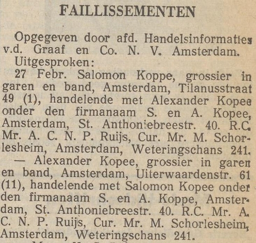 Faillissement van de firma Koppe & Kopee, bron: Nieuwe Tilburgsche Courant van 01 maart 1939  