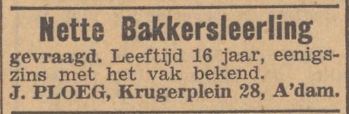 Adv. Van Bakker Ploeg, Krugerplein 28, bron: Christelijk sociaal dagblad voor Nederland De Amsterdammer van 11 oktober 1937  