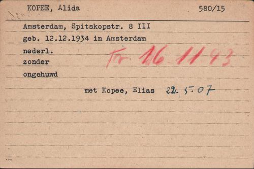 Joods Raadkaart Alida Kopee, bron: Arolsen Archives  
