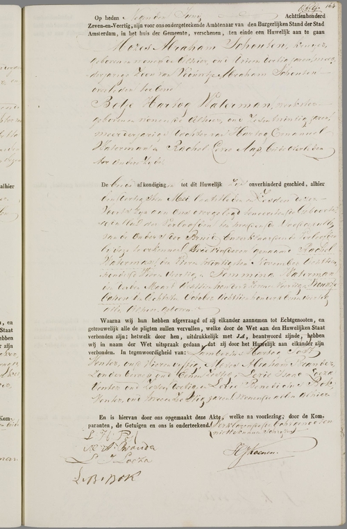 Huwelijksakte van Mozes Abraham Schouten en Betje Waterman van 9 juni 1847, bron: WieWasWie.  