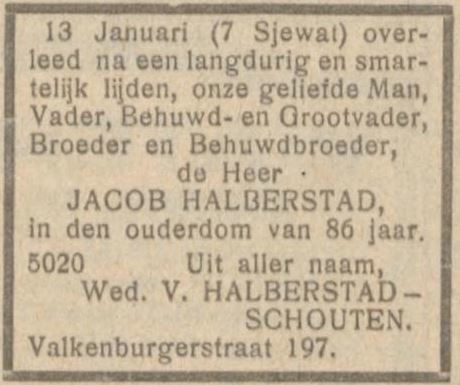 Overlijdensbericht van Jacob Halberstad, bron: het NIW van 18 januari 1924  