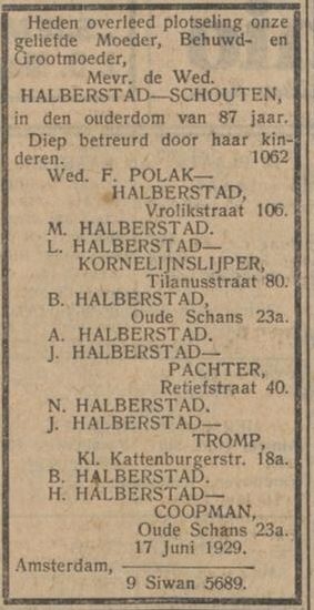 Overlijdensbericht van Vrouwtje Halberstad – Schouten, bron: het NIW van 21 juni 1929  