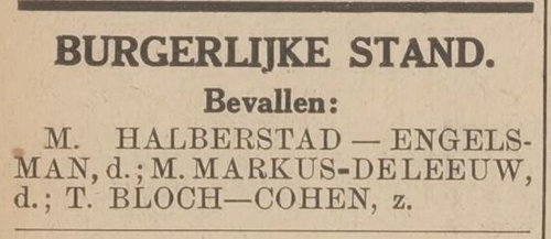 Opvallend familiebericht waarin melding wordt gemaakt van bevallingen, waaronder dochter Schoontje van Ruben en Mietje Halberstad, bron:  Centraal blad voor Israëlieten in Nederland van 17-09-1937  