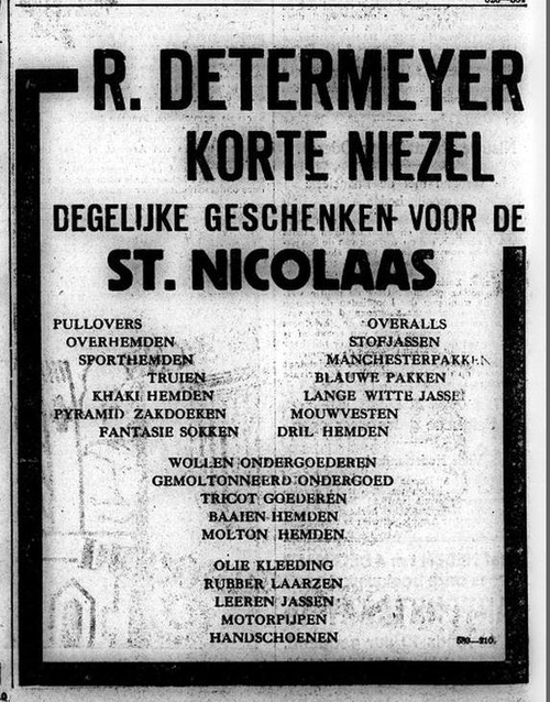 Advertentie van Determeyer in de Korte Niezel t.g.v. Sinterklaas, bron: Het Volk van 02-12-1930  