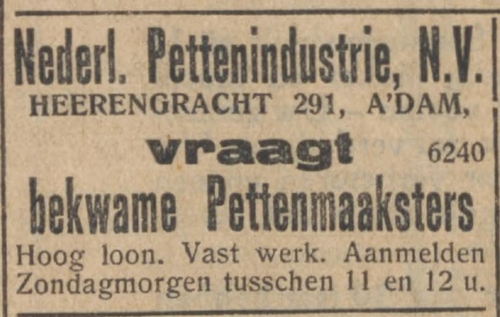 Advertentie voor de Ned. Pettenindustrie NV, bron: NIW 30-01-1930  