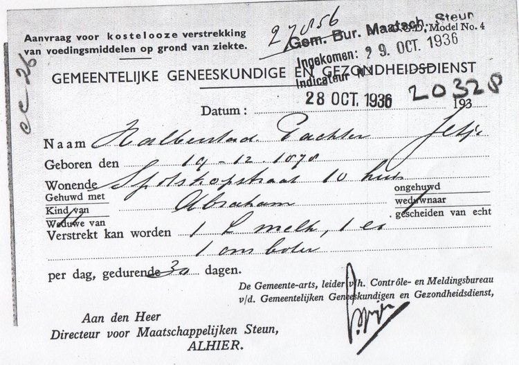 Bon voor versterkende middelen uit oktober 1936, bron: Dossier Maatschappelijke Steun van Abraham Halberstad  