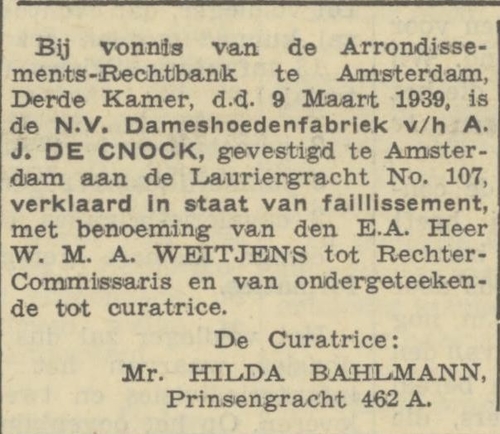 Bericht van het faillissement van de dameshoedenfabriek Cnock, bron: Algemeen Handelsblad van 11-03-1939   