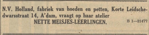 Advertentie van de NV Holland, hoeden en petten, bron: de Nieuwe Haarlemsche courant van 07-02-1936  