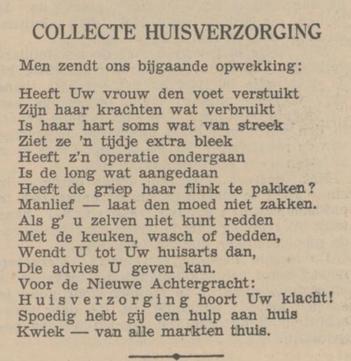 Over een collecte van de Ver. Huisverzorging, bron: het Alg. Handelsblad van 18 – 5 – 1938   