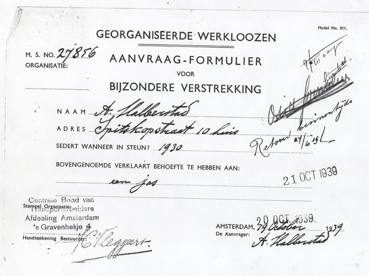 Aanvraag formulier Bijzondere Verstrekkingen (jas) uit 1939, bron: Dossier Maatschappelijke Steun van Abraham Halberstad  