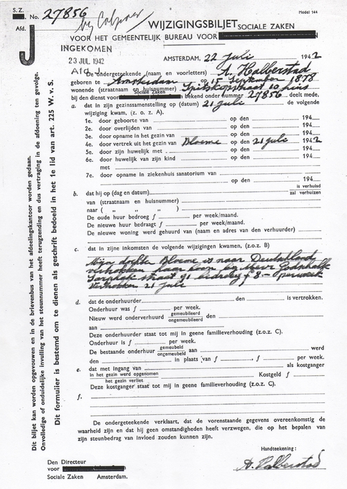 Wijzigingsbiljet Sociale Zaken, dd. 22 juli 1942, afd. J. over het vertrek van Bloeme naar Duitsland. Bron: Dossier Maatschappelijke Steun van Abraham Halberstad  