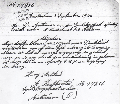 Handgeschreven briefje van Abraham gedateerd op 3 september 1942 over het feit dat hij te weinig steun ontvangt na het ‘vertrek van Bloeme naar Duisland’. Bron: Dossier Maatschappelijke Steun van Abraham Halberstad  