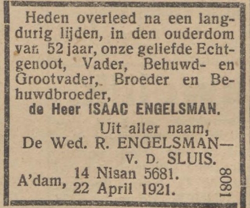 Het overlijden van Isaac Engelsman op 22 april 1921, bron: het NIW van 28 april 1921.  