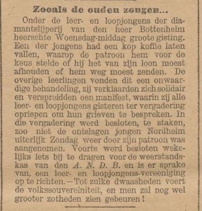 Kort artikel over het wel en wee van loop – en leerjongens bij diamantslijperij Bottenheim, bron: De Morgenpost van 13 maart 1896   