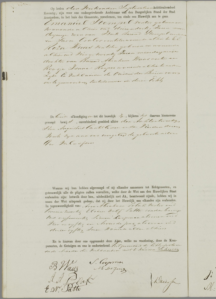 Huwelijksakte van Emanuel Stempel en Roza Waas van 14 september 1870, bron: WieWasWie  