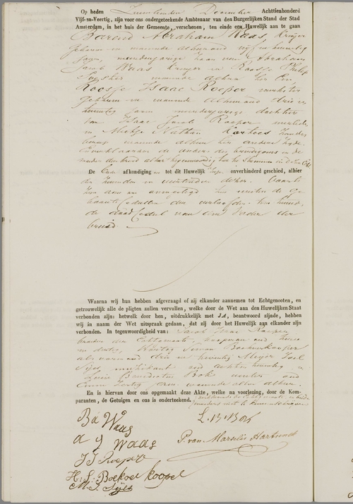 Huwelijksakte van Barend Abraham Waas en Roosje Isaac Roeper op 17 december 1845, bron: WieWasWie    