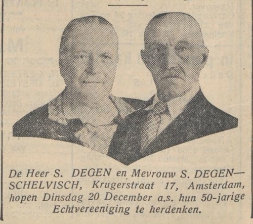 Aankondiging in het NIW van 16 december 1932 van het 50 – jarig huwelijk van Salomon Degen en Sara Schelvisch.    