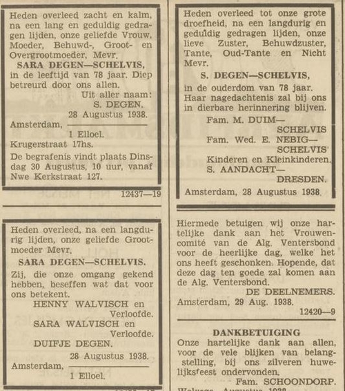 Familiebericht n.a.v. het overlijden van Sara Degen – Schelvis op 28 augustus 1938, bron: Het Volk van 29 augustus 1938  