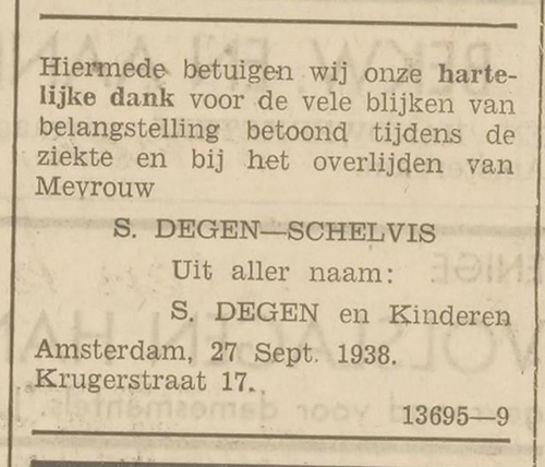 Na de vele betuigingen van medeleven nu een dank daarvoor namens de familie, bron: Het Volk van 27 september 1938   