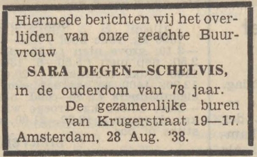 Betuiging van medeleven door de buren uit de Kurgerstraat, bron: het Utrechts Volksblad van 30 aug. 1938  