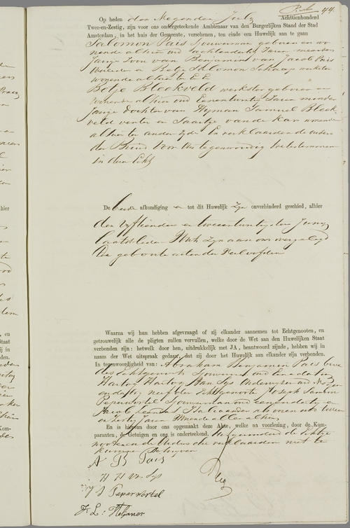 Huwelijksakte van Salomon Pais en Betje Bleekveld van 9 juli 1862, bron: WieWasWie  