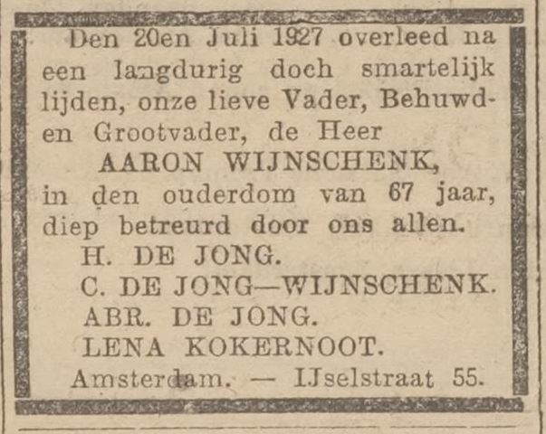 Familiebericht over het overlijden van Aäron Wijnschenk, bron: Centraal blad voor Israëlieten in Nederland van 05-08-1927  