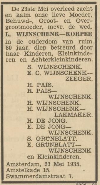 Familiebericht na het overlijden van Lena (Leentje) Wijnschenk – Korper, bron: Het Volk van 25 mei 1933.  