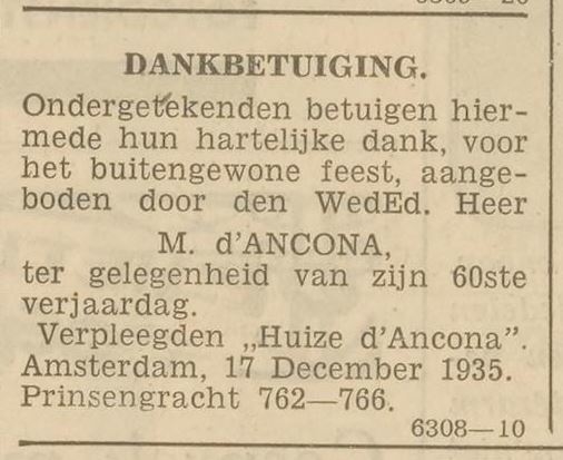 Dankbetuiging aan M. d’Ancona, Prinsengracht 762 – 766, bron: Het Volk van 17 – 12 – 1935.  