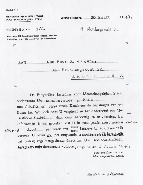 Brief gericht aan S. de Jong over de verplichting een bijdrage te leveren aan het onderhoud van zijn schoonvader, bron: dossier Maatschappelijke Steun van Haïm Païs.  