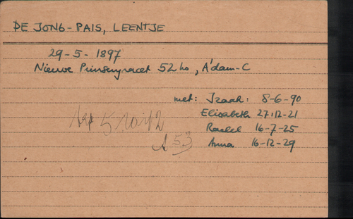 Joodse Raadkaart van Leentje de Jong – Pais, bron: Arolsen Archives  