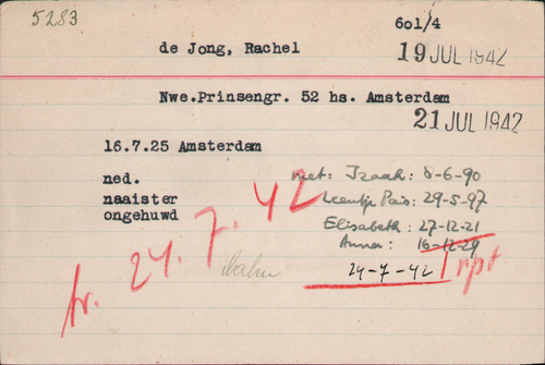 Joodse Raadkaart Rachel de Jong bron: Arolsen Archives  