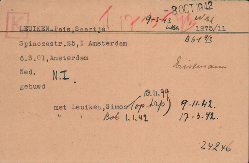 Joodse Raadkaart van Saartje Leuijken – Pais, bron: Arolsen Archives  