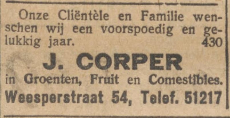 Advertentie van J. Corper, Weesperstraat 54, bron: het  NIW van 16 – 09 – 1936  