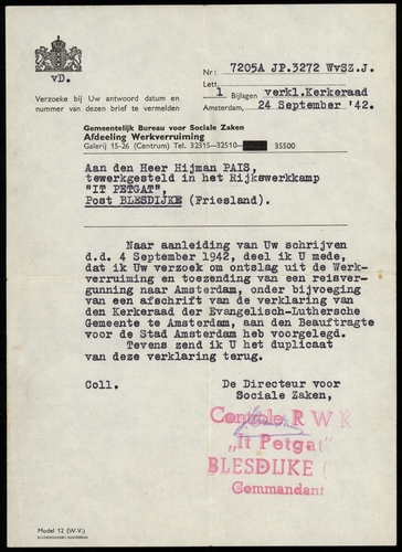 Brief met betrekking tot het verblijf van Hijman Pais in het werkkamp "It Petgat" in Blesdijke en zijn behoren bij de Evangelisch-Lutherse Gemeente, 1942. Bron: ‘Collectie Joods Historisch Museum  