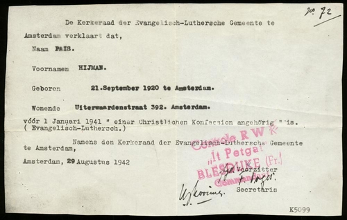 Verklaring dat Hijman Pais bij de Evangelisch-Lutherse Gemeente Amsterdam behoort, 1942. Bron: ‘Collectie Joods Historisch Museum  