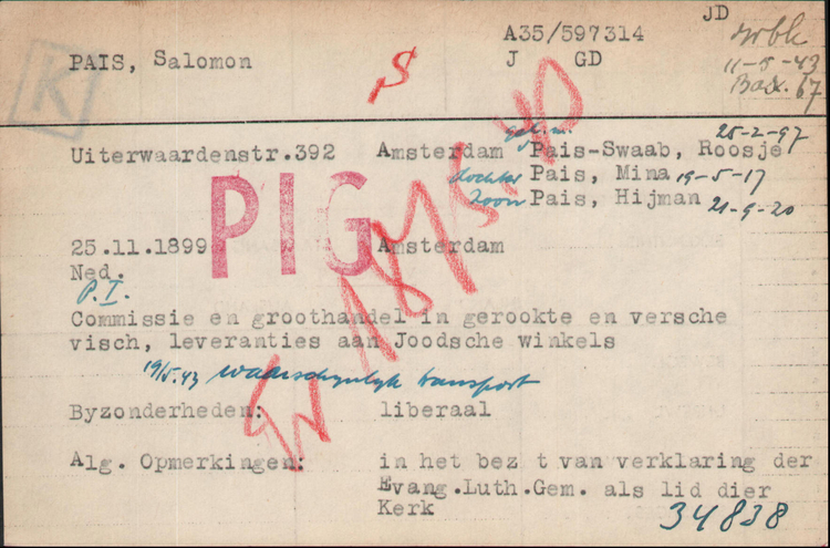 Joodse Raadkaart van Salomon Pais, bron: Arolsen Archives  